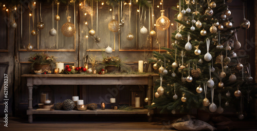 Beautiful Christmas Background with Tree  Lights  Balls  indoor  warm  wood