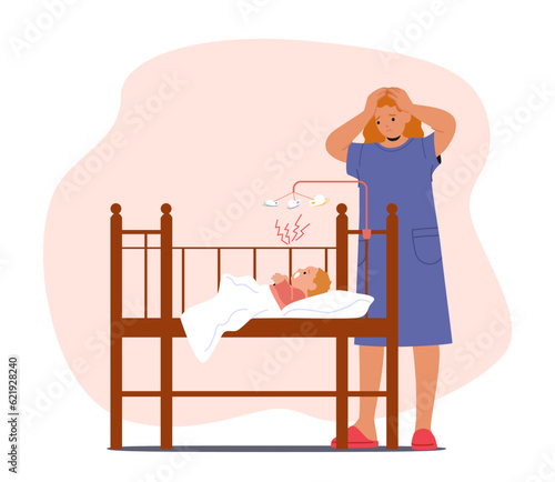 Overwhelmed Mother Character With Postpartum Depression Trying To Soothe Her Crying Baby In The Crib Vector Illustration