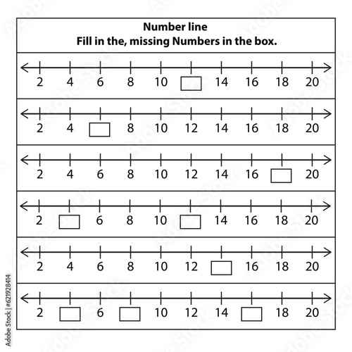 Number lines 2 to 20 fill missing numbers activity. Math chart for operations in school education. isolated on white background. Vector graphic illustration