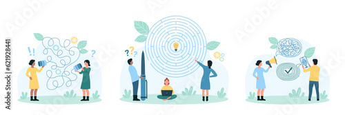 Bad communication and explanation set vector illustration. Cartoon tiny people call, talk and hear with tin can phone, untangle string of miscommunication and solve logic complicated quest of maze