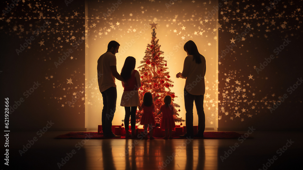 Family at Christmas, Conceptual Portrait, Christmas Tree, Lights, Presents, Quality Time, Celebration