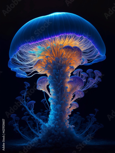 Fantasy Illustration of a Blue Lightening Jellyfish Shaped Mushroom in Black Background. Glowing Undervater Animal in Ocean Concept Design for Nature or Marine Banner, Poster, Card. Ai Generated. photo