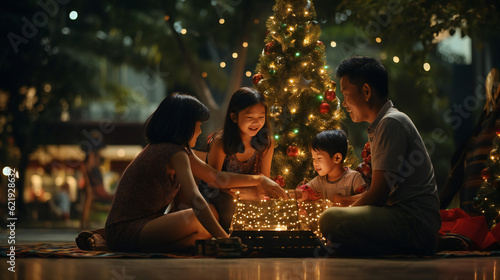 Asian Famliy celebrating Christmas, Tree, Lights, Presenst, Game photo