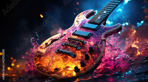 Close up of a Guitar with colourful abstract ethereal energy radiating from it.