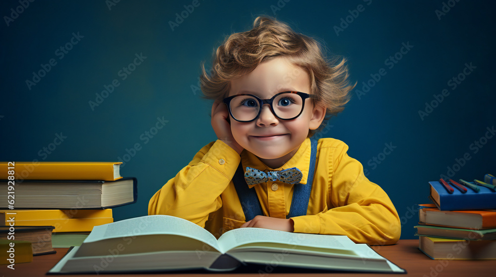 Portrait of a student, young Boy with Glasses studying with Books, seeet, cute, funny, happy Portrait of a student, young Boy with Glasses studying with Books, seeet, cute, funny, happy