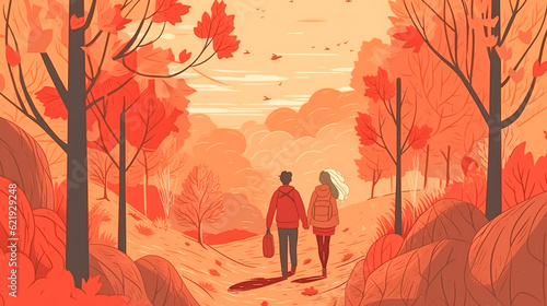 Man and woman in the autumn forest  view from the back  generative AI.