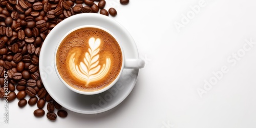 a cup of coffee latte on white table with coffee beans