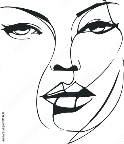 line face Female portrait black white Vector hand drawn illustration. One line art face. Minimalist continuous linear sketch woman face.