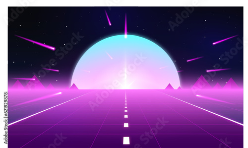 Synthwave wireframe net illustration. Abstract digital background. 80s, 90s Retro futurism, Retro wave cyber grid. Deep space surfaces. Neon lights glowing. Starry background. Vector 3D Rendering. Nig