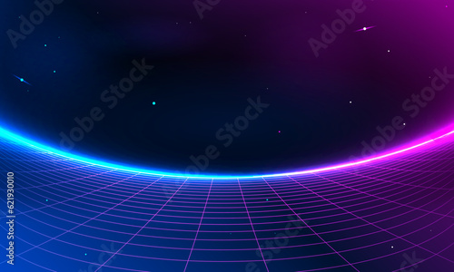80s Retro Sci-Fi Background Futuristic Grid landscape. Digital cyber surface style of the 1980`s. Double infinite grid and lights forward. Synthwave wireframe net illustration. 80s, 90s cyber grid