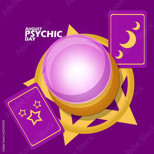 A psychic crystal ball with tarot cards, with bold text on a dark purple background to commemorate Psychic Day on August