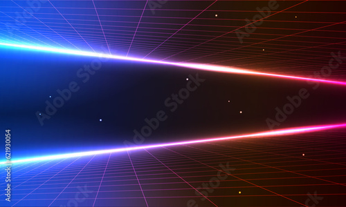 80s Retro Sci-Fi Background Futuristic Grid landscape. Digital cyber surface style of the 1980`s. Double infinite grid and lights forward. Synthwave wireframe net illustration. 80s, 90s cyber grid