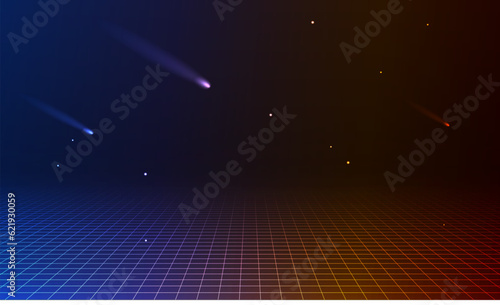 80s Retro Sci-Fi Background Futuristic Grid landscape. Digital cyber surface style of the 1980`s. 3D illustration. infinite mesh bottom, comets under space grid. Synthwave wireframe net illustration. 