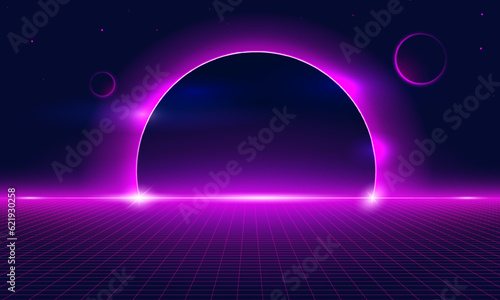 Synthwave wireframe net sunset illustration. Abstract digital background. 80s, 90s Retro futurism, Retro wave cyber grid. Deep space surfaces. Neon lights glowing. Starry background. Vector 3D Renderi