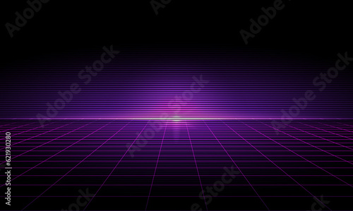 80s Retro Sci-Fi Background Futuristic Grid landscape. Digital cyber surface style of the 1980 s. Double infinite grid and lights forward. Synthwave wireframe net illustration.  80s  90s cyber grid