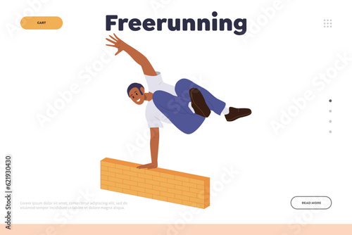Freerunning landing page template parkour club website with teen sportsman jumping over barrier