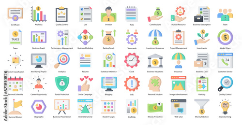 Business Management Flat Icons Career Strategy Icon Set in Color Style 50 Vector Icons