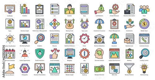 Business Management Color Line Icons Career Strategy Icon Set in Filled Outline Style 50 Vector Icons