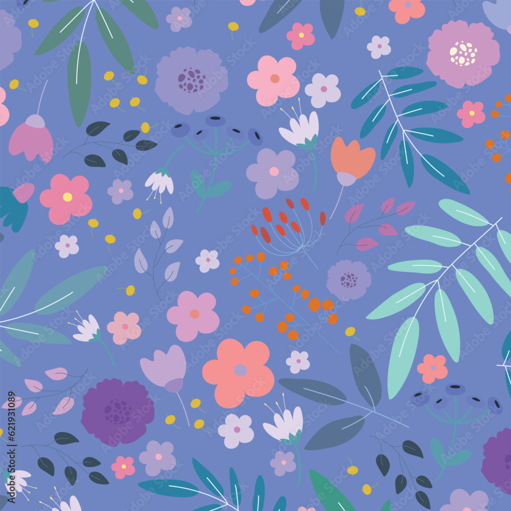 Seamless pattern with small flowers and leaves on violet background. Vector illustration.