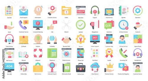 Customer Service Flat Icons Support Helpline Icon Set in Color Style 50 Vector Icons 