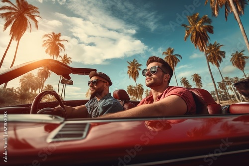 Two friends in car driving on road, having road trip, palm trees around. AI Generative © dark_blade