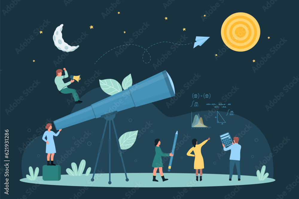 Cartoon tiny people look through big telescope at future target and success opportunity, work on financial analysis and forecast with calculator and pencil. Business growth, vision vector illustration