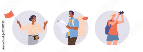 Isolated of round icon composition with happy people traveler and woman tour guide portrait