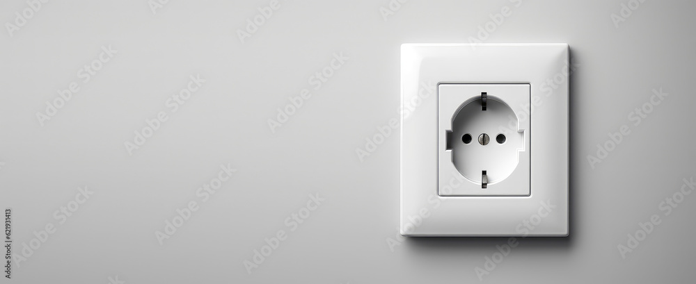 White plastic outlet on gray wall background with copy space. Creative banner template for electrical company, master electrician. Generative AI. White plastic outlet on gray wall background with copy space. Creative banner template for electrical company, master electrician. Generative AI.