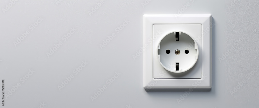 White plastic outlet on gray wall background with copy space. Creative banner template for electrical company, master electrician. Generative AI. White plastic outlet on gray wall background with copy space. Creative banner template for electrical company, master electrician. Generative AI.