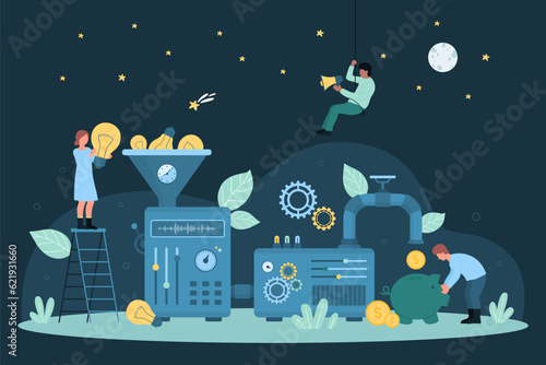 Cartoon tiny people monetize idea by throwing light bulbs into funnel of money making equipment, saving golden coins in piggy bank. Implementation and monetization of ideas set vector illustration.