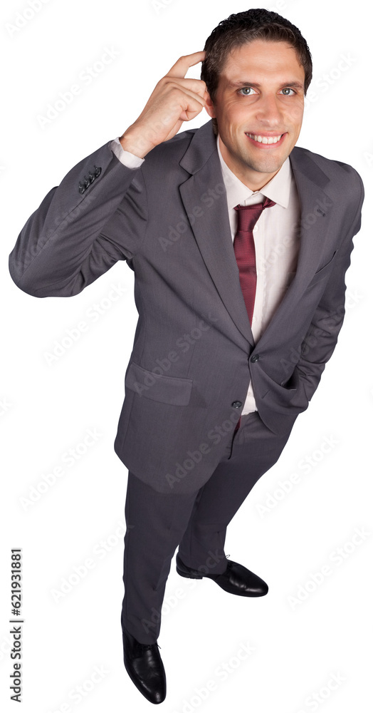 Digital png photo of happy caucasian businessman scratching head on transparent background Digital png photo of happy caucasian businessman scratching head on transparent background