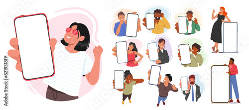 Foto Male and Female Characters Holding Smartphones With Blank Screens, Ready For Cus