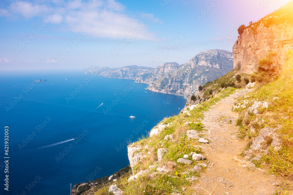 Scenic coastal path along sea on Amalfi coast in Italy