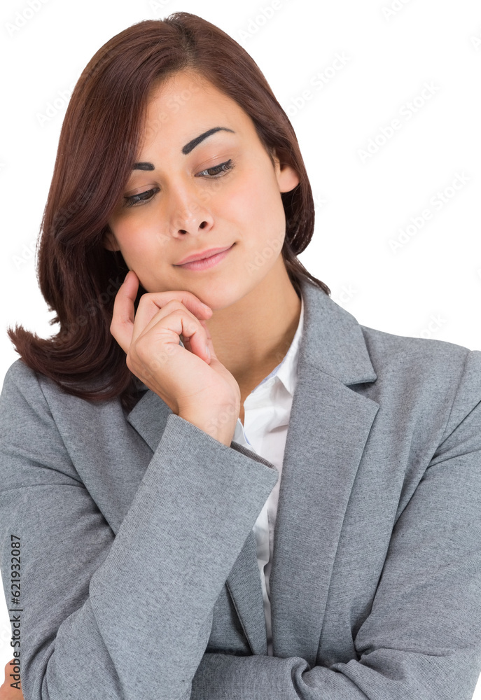 Digital png photo of happy hispanic businesswoman looking down on transparent background Digital png photo of happy hispanic businesswoman looking down on transparent background