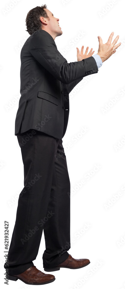 Digital png photo of furious caucasian businessman raising hands on transparent background Digital png photo of furious caucasian businessman raising hands on transparent background