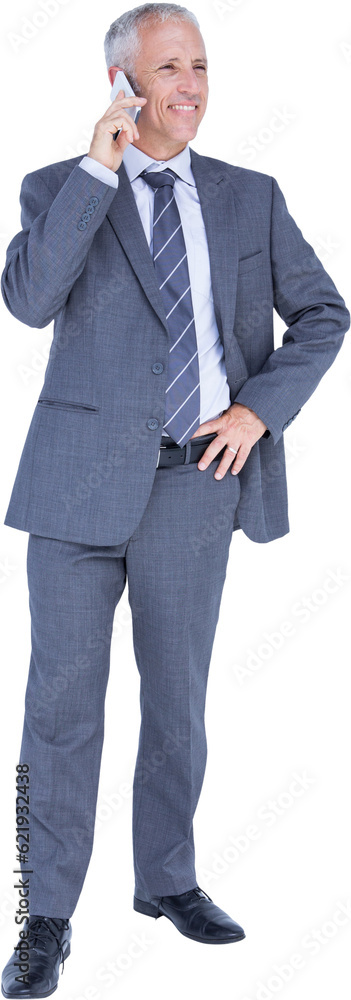 Digital png photo of happy caucasian businessman talking on phone on transparent background Digital png photo of happy caucasian businessman talking on phone on transparent background