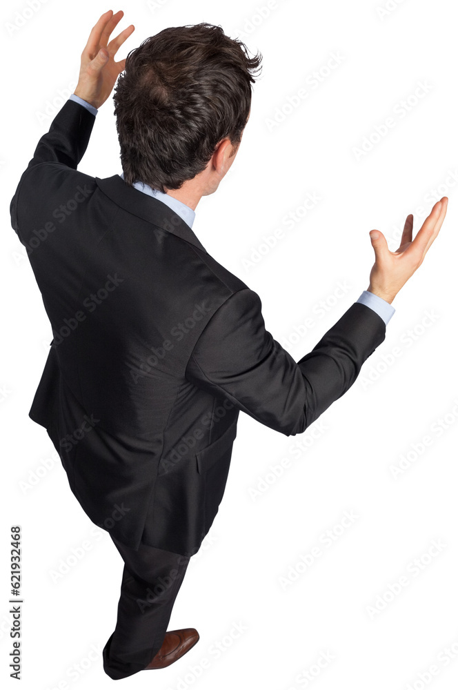 Digital png photo of back view of caucasian businessman raising hands on transparent background Digital png photo of back view of caucasian businessman raising hands on transparent background
