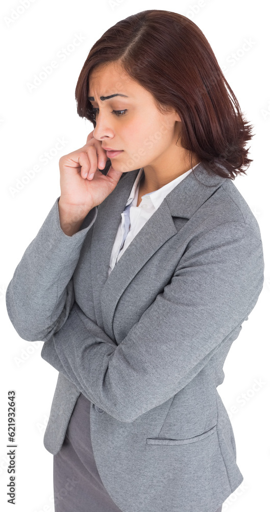 Digital png photo of sad hispanic businesswoman looking down on transparent background Digital png photo of sad hispanic businesswoman looking down on transparent background
