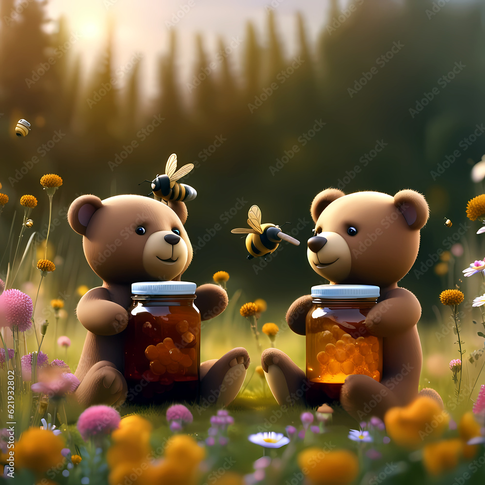 Zwei süße, braune Teddybären mit je einem Glas mit Honig sitzen auf