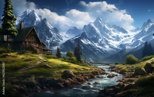 A mountain scene with a house. AI