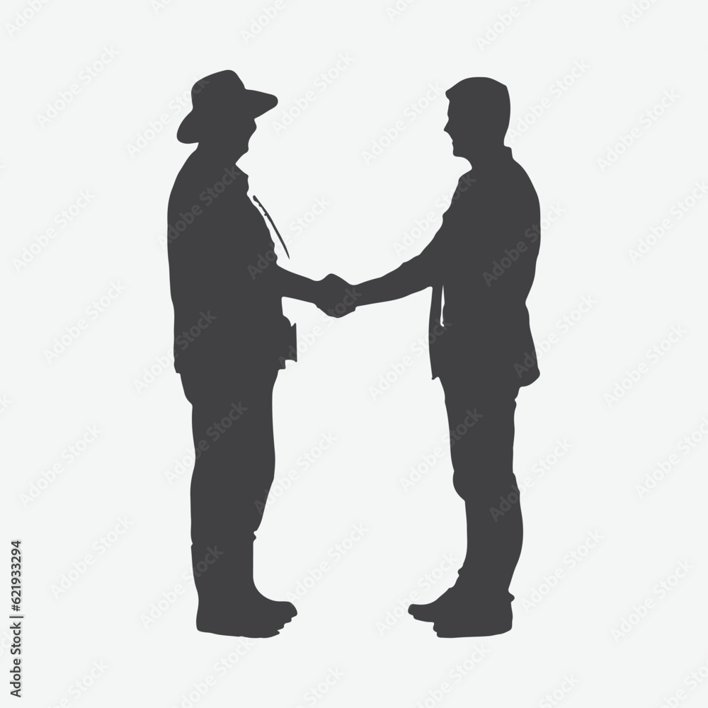 A Symbol of Mentorship and Success, Silhouettes of a Mature Farmer Engaging in a Friendly Handshake with a Young Casual Man