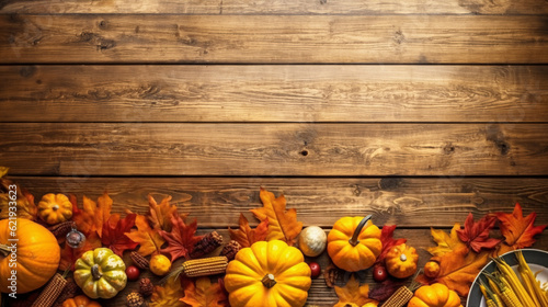 Thanksgiving dinner background with turkey and all sides dishes, pumpkin pie, fall leaves and seasonal autumnal decor on wooden background, top view, copy space. Generative Ai