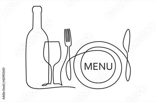 Continuous one single line drawing of plate, fork, knife, bottle of wine and glass. Menu food design. Vector illustration.