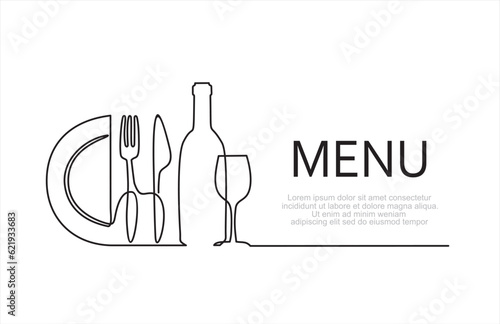 Continuous one single line drawing of plate, fork, knife, bottle of wine and glass. Menu food design. Vector illustration.