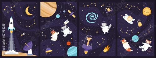 Space adventure of astronaut animals set vector illustration. Cartoon childish art design with cute explorers in helmet and spacesuit flying in galaxy with rocket and planets, stars in constellation