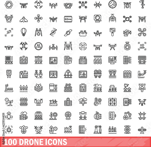 100 drone icons set. Outline illustration of 100 drone icons vector set isolated on white background