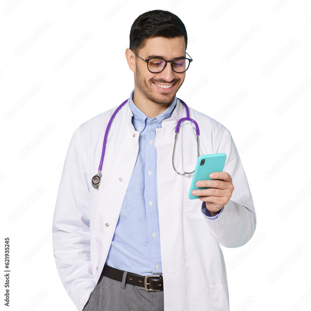 Young male doctor in white coat smiling, holding his smartphone with one hand, using medical app Young male doctor in white coat smiling, holding his smartphone with one hand, using medical app