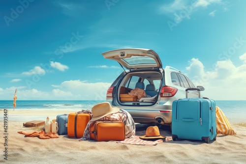 Pile of luggage bags near the car on the beach   AI Generated