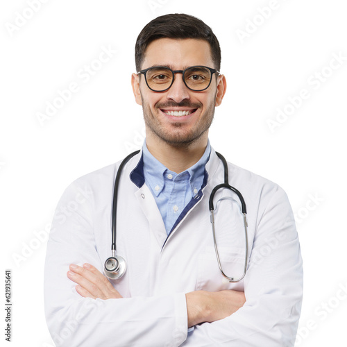 Foto Portrait of smiling handsome young male doctor with stethoscope around neck, wea