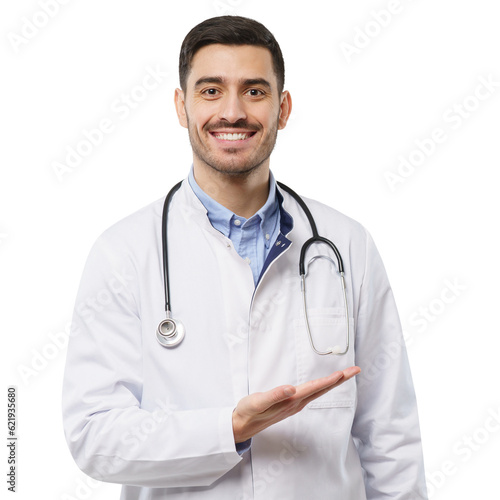Smiling young male doctor showing and presenting something with hand